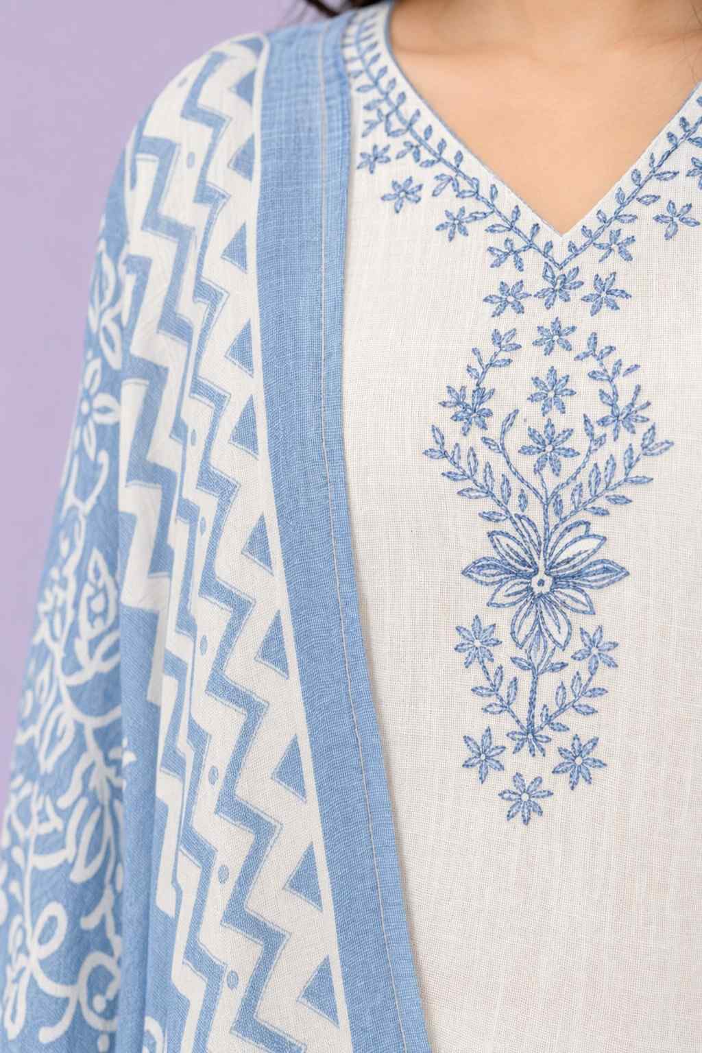 Fab Craft Studio Women's Cotton Embroiderd Straight Kurti with Pant and Printed Dupatta Set