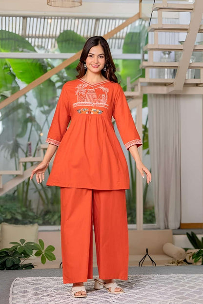 Women's Cotton Embroidered Short Anarkali Kurti with Pant (Orange)