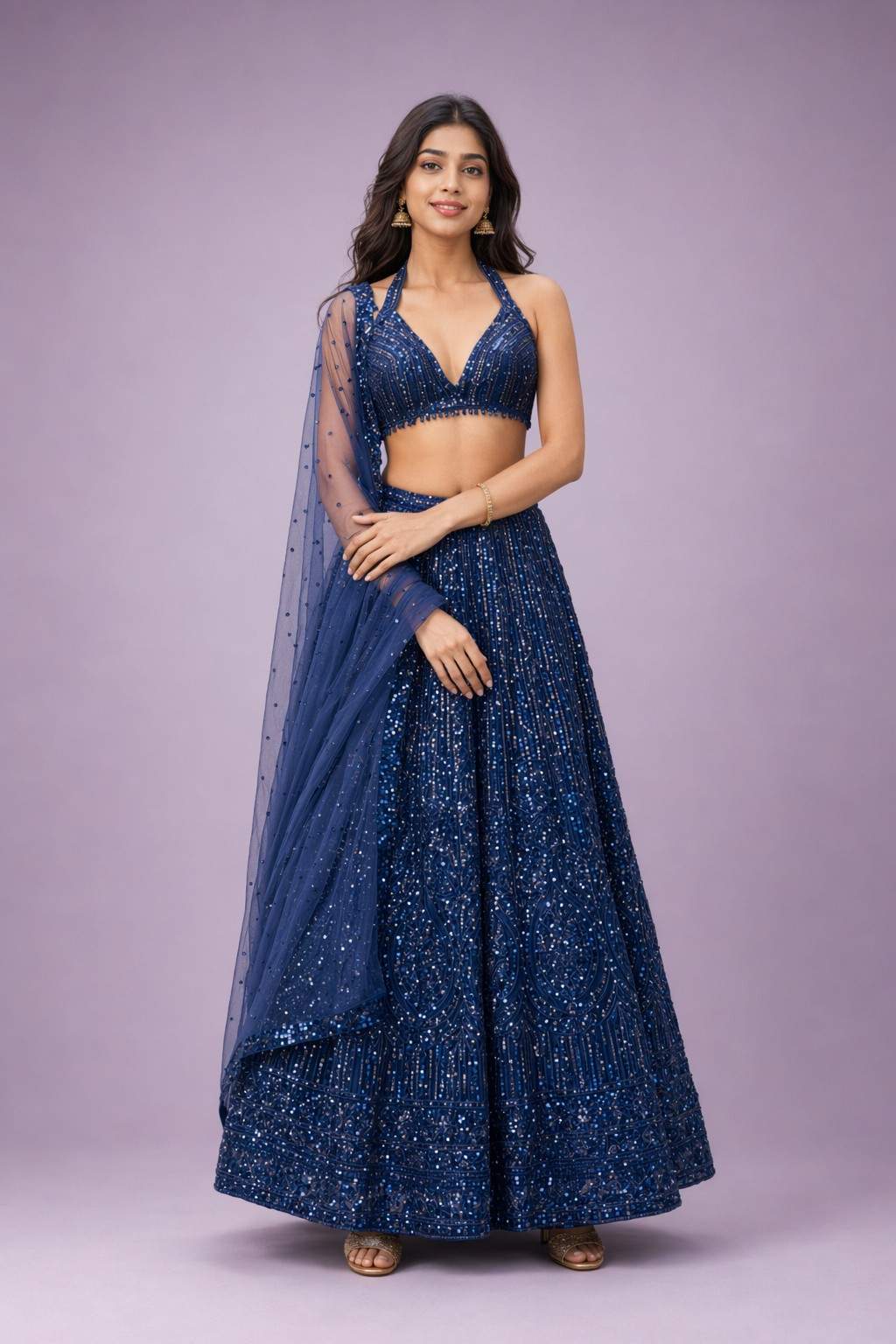 Net Lehenga Set with Sequins & Dori Work