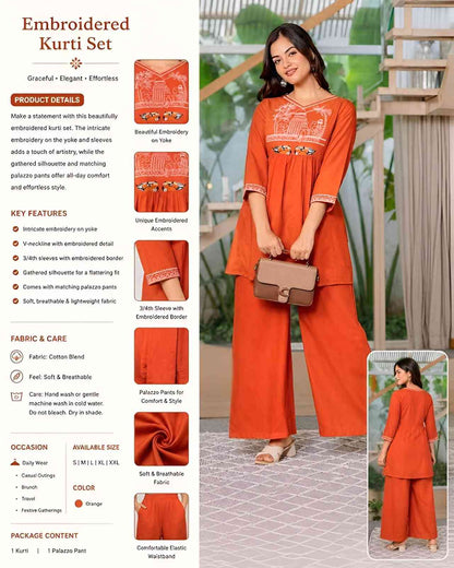 Women's Cotton Embroidered Short Anarkali Kurti with Pant (Orange)