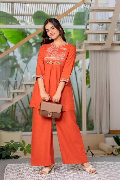 Women's Cotton Embroidered Short Anarkali Kurti with Pant (Orange)