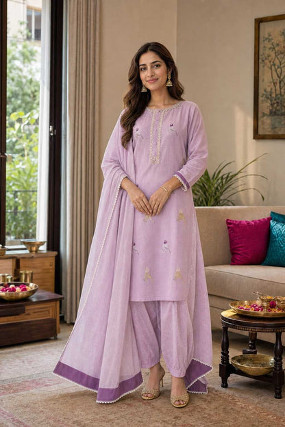 Women's Cotton Embroidered Straight Kurti with Pant and Dupatta Set