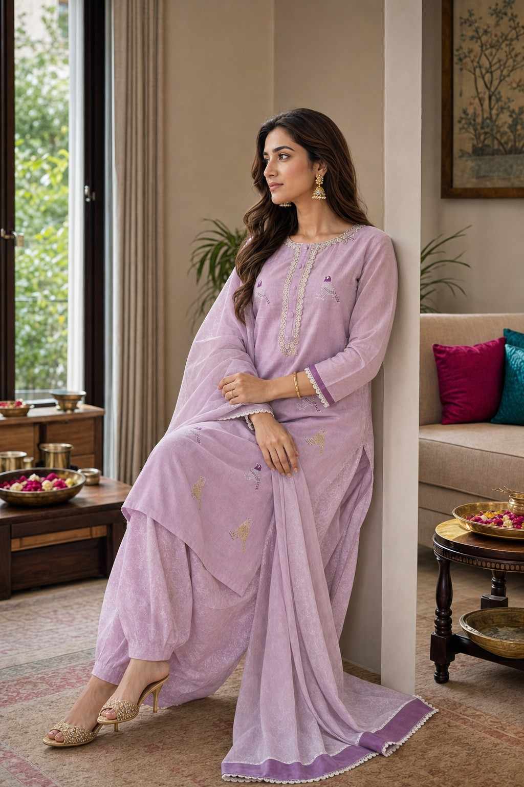 Women's Cotton Embroidered Straight Kurti with Pant and Dupatta Set