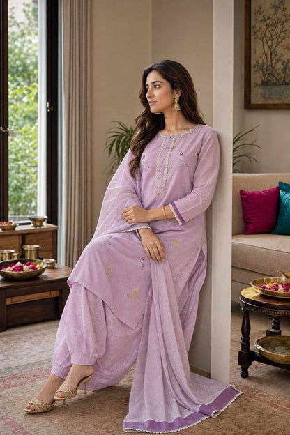 Women's Cotton Embroidered Straight Kurti with Pant and Dupatta Set