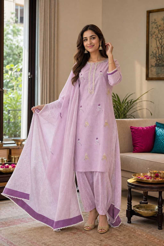 Women's Cotton Embroidered Straight Kurti with Pant and Dupatta Set