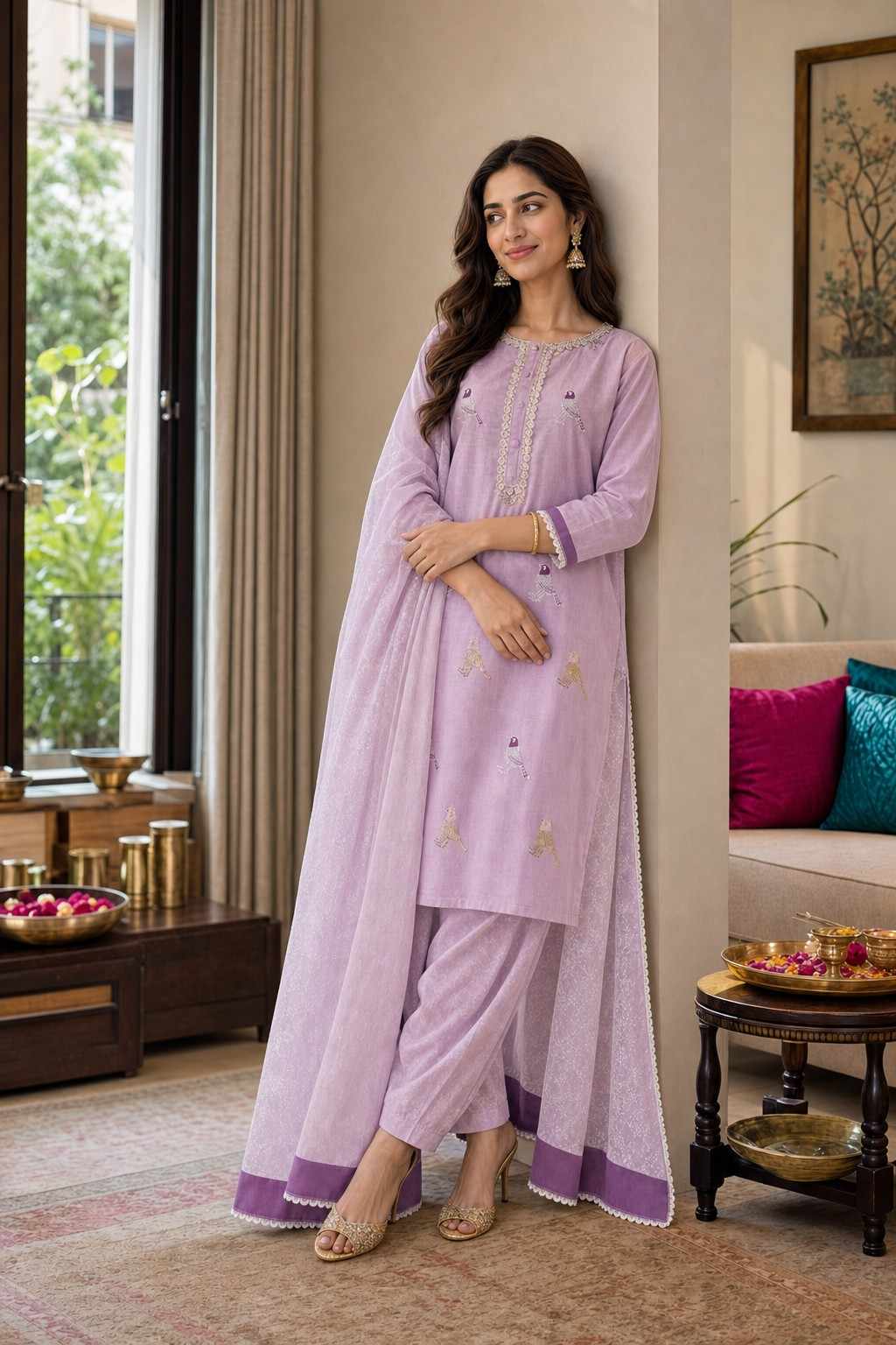 Women's Cotton Embroidered Straight Kurti with Pant and Dupatta Set