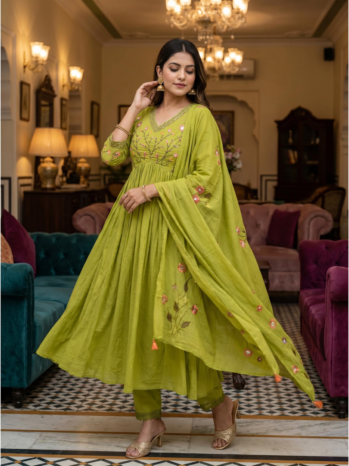 Fab Craft Studio Women's Cotton Embroidered Long Anarkali Kurti with Pant and Dupatta Set