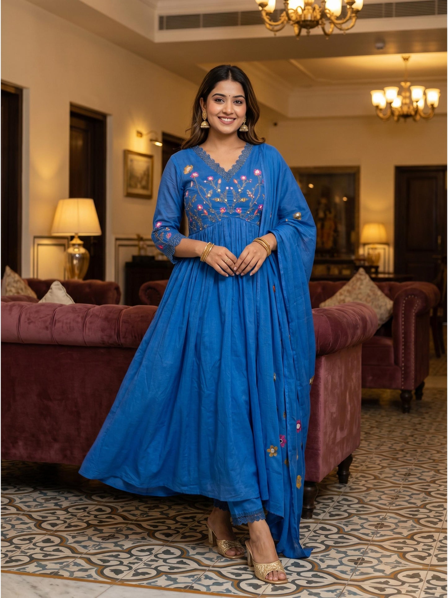 Fab Craft Studio Women's Cotton Embroidered Long Anarkali Kurti with Pant and Dupatta Set