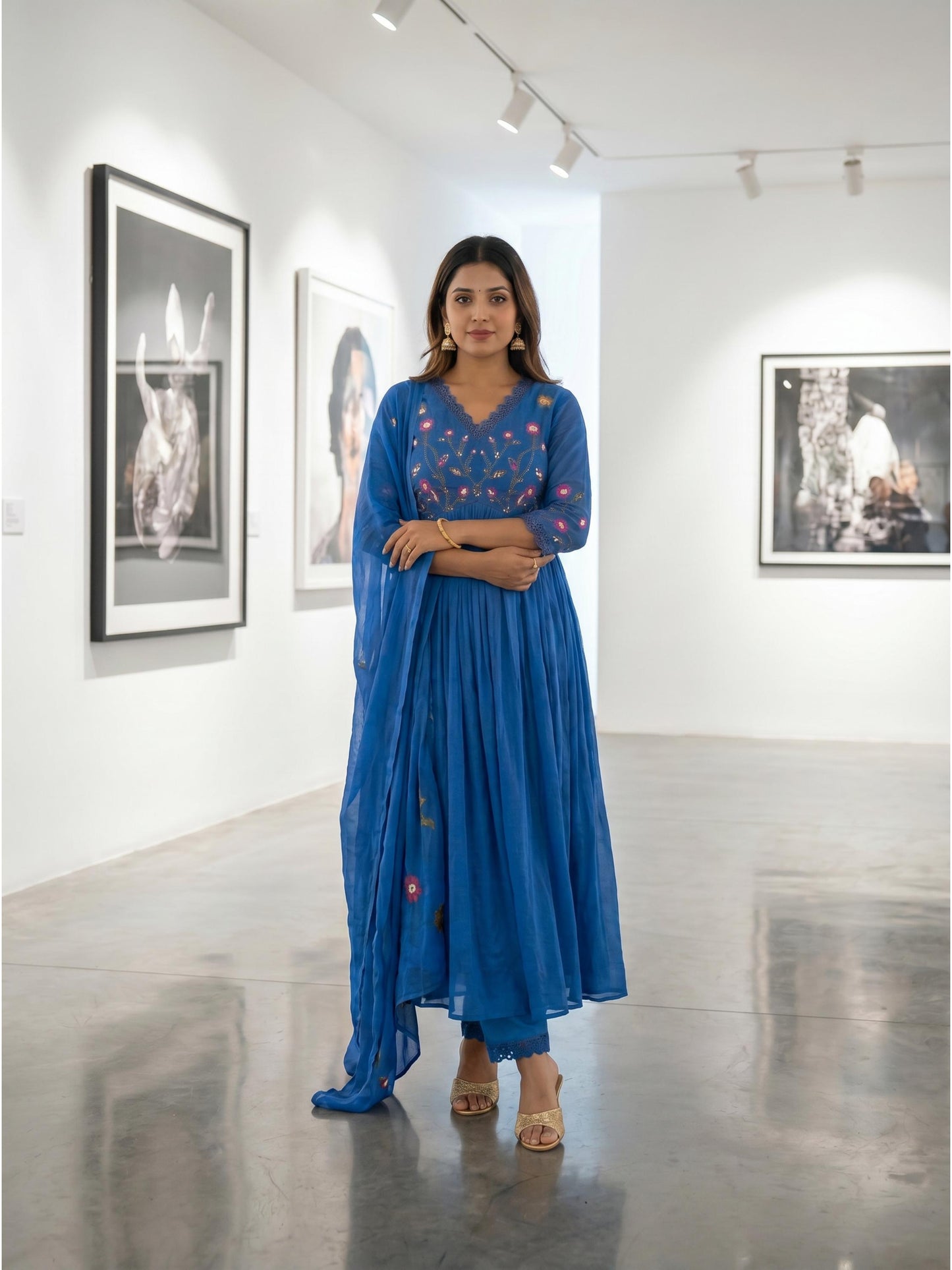 Fab Craft Studio Women's Cotton Embroidered Long Anarkali Kurti with Pant and Dupatta Set
