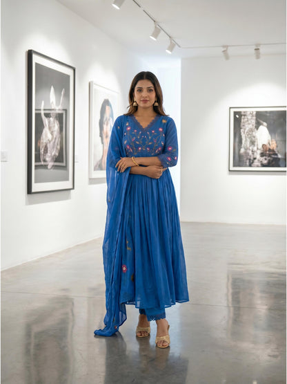 Fab Craft Studio Women's Cotton Embroidered Long Anarkali Kurti with Pant and Dupatta Set