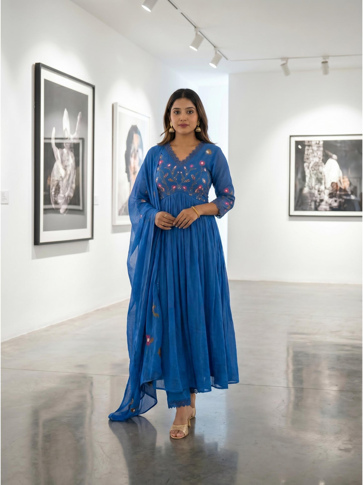 Fab Craft Studio Women's Cotton Embroidered Long Anarkali Kurti with Pant and Dupatta Set
