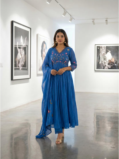 Fab Craft Studio Women's Cotton Embroidered Long Anarkali Kurti with Pant and Dupatta Set