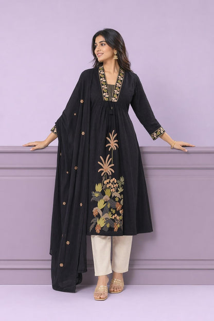 Fab Craft Studio Women's Cotton Embroidery Straight Kurti with Pant Set