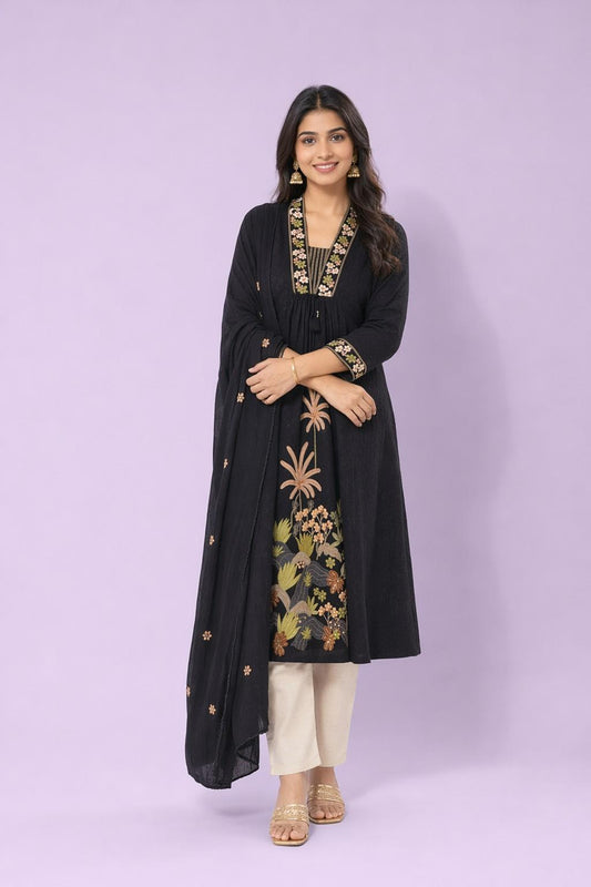 Fab Craft Studio Women's Cotton Embroidery Straight Kurti with Pant Set