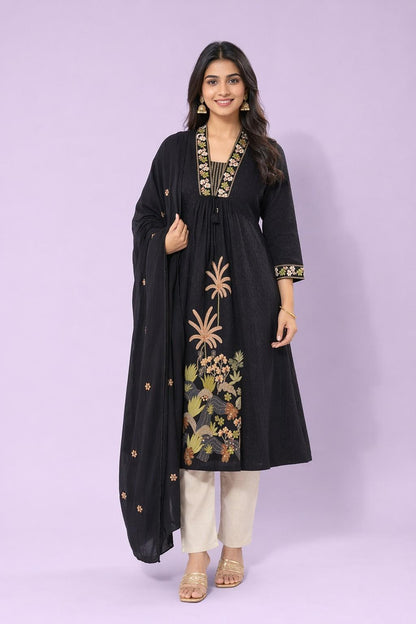 Fab Craft Studio Women's Cotton Embroidery Straight Kurti with Pant Set