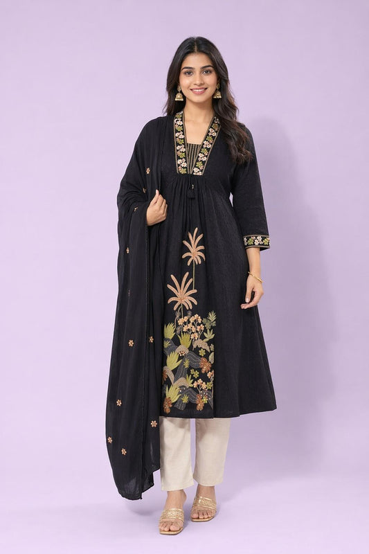 Fab Craft Studio Women's Cotton Embroidery Straight Kurti with Pant Set