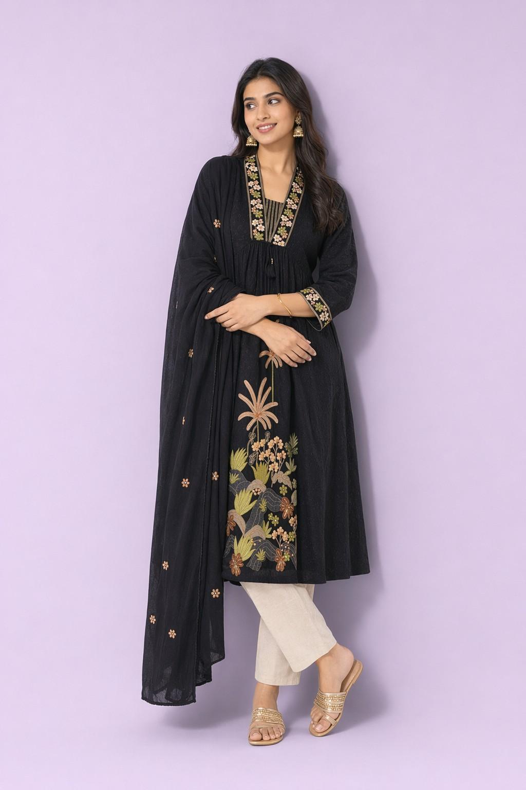 Fab Craft Studio Women's Cotton Embroidery Straight Kurti with Pant Set