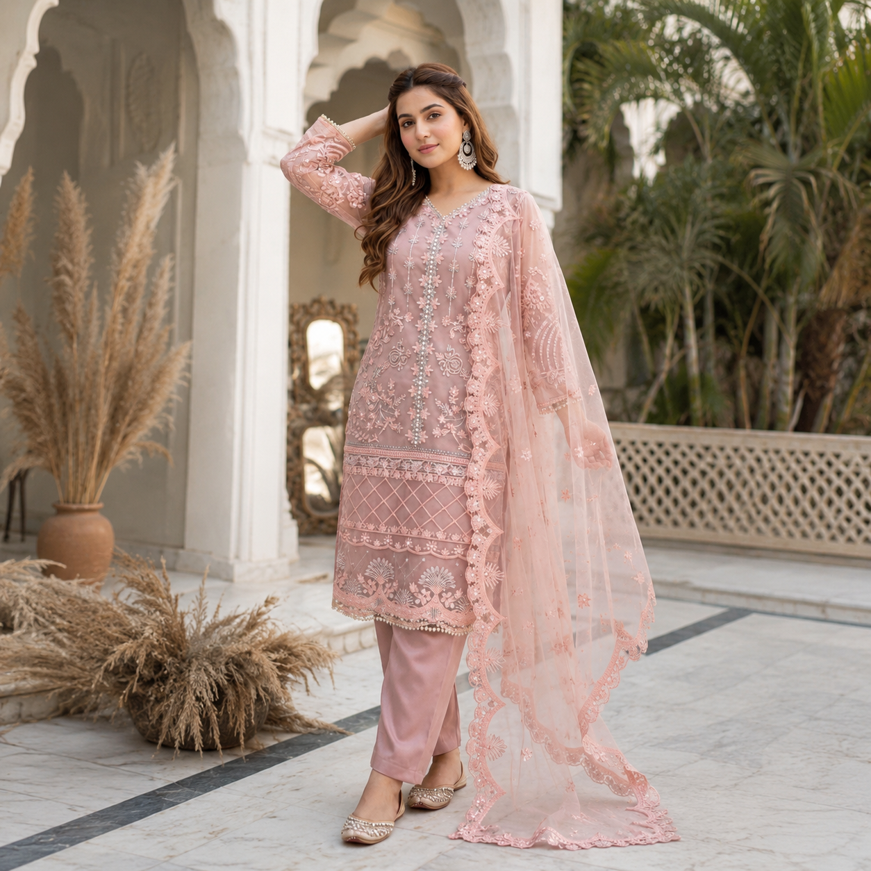 Designer Heavy Soft Net Sharara Suit Set with Pearl Handwork Dupatta