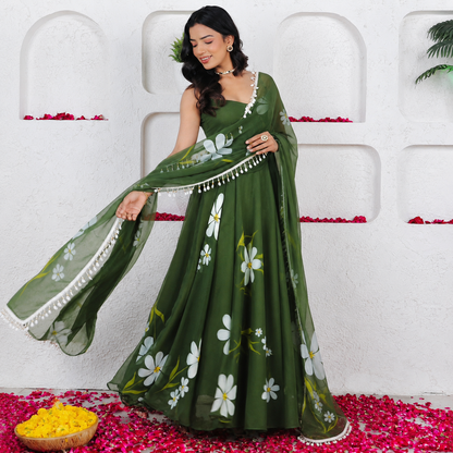 Floral Printed Organza Anarkali Gown Set with Bottom & Dupatta