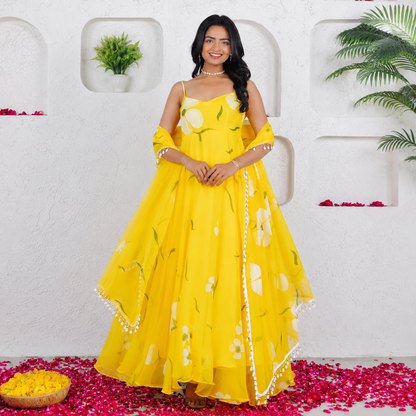 Floral Printed Organza Anarkali Gown Set with Bottom & Dupatta