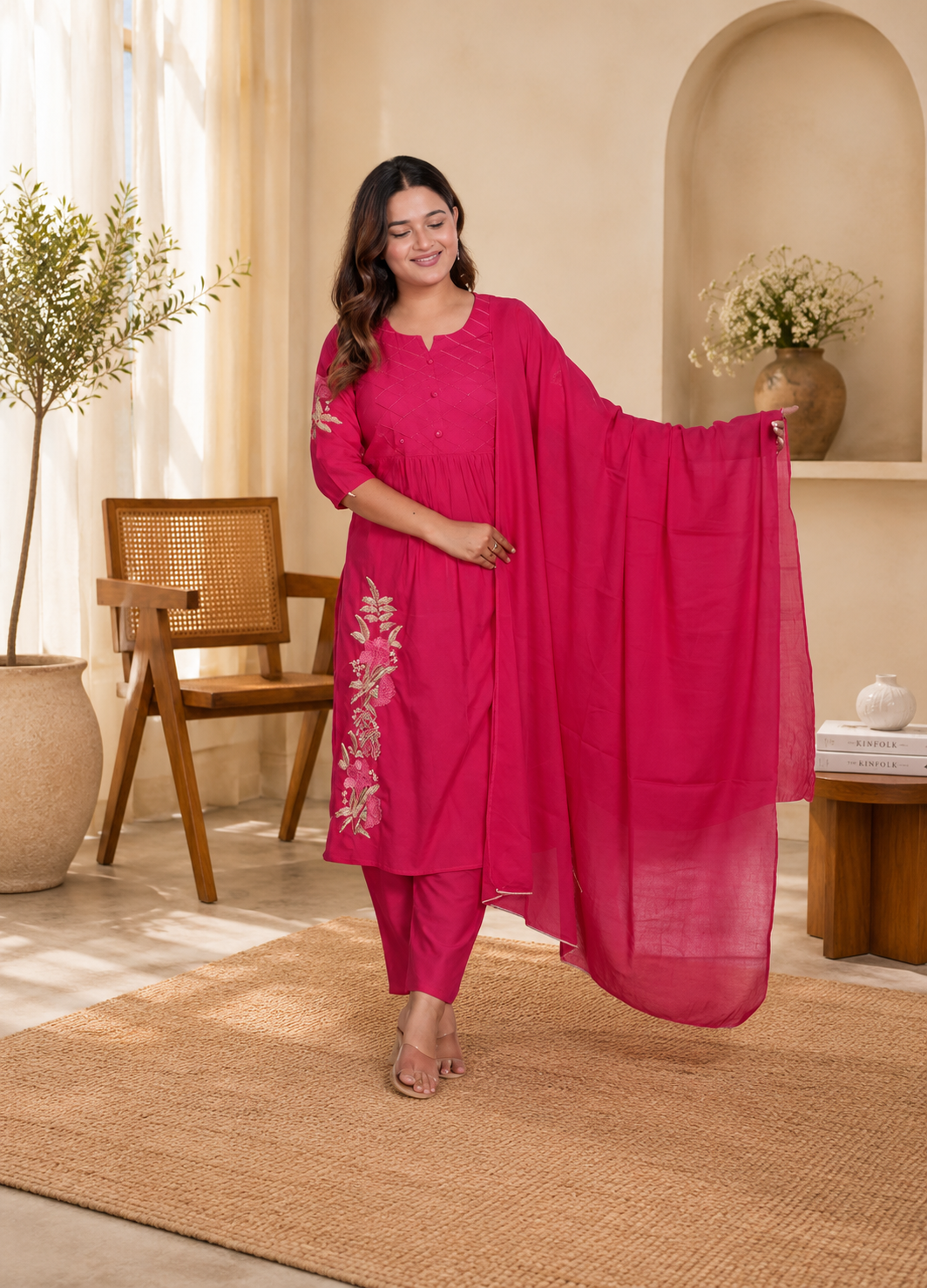 LoomBella Lifestyle Women's Cotton Embroidered Straight Kurti With Pant and Dupatta Set