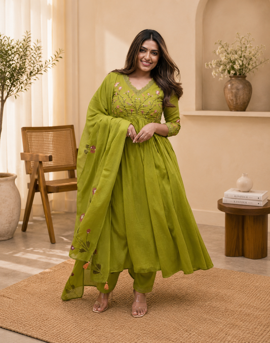 LoomBella Lifestyle Women's Cotton Embroidered Long Anarkali Kurti with Pant and Dupatta Set