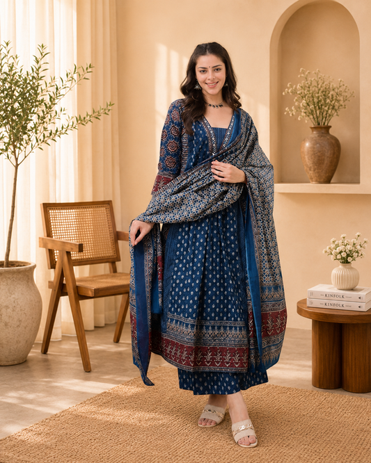 LoomBella LifestyleWomen's Cotton Printed A Line Premium Kurti with Pant and Dupatta Set