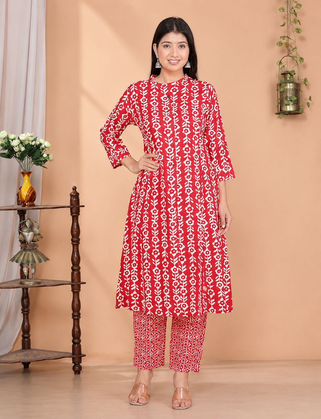 LoomBella LifestyleWomen's Rayon Floral Printed Mandarin Collar A-Line Kurti with Trousers
