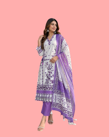 White & Lavender Floral Printed Cotton Kurta Set with Dupatta