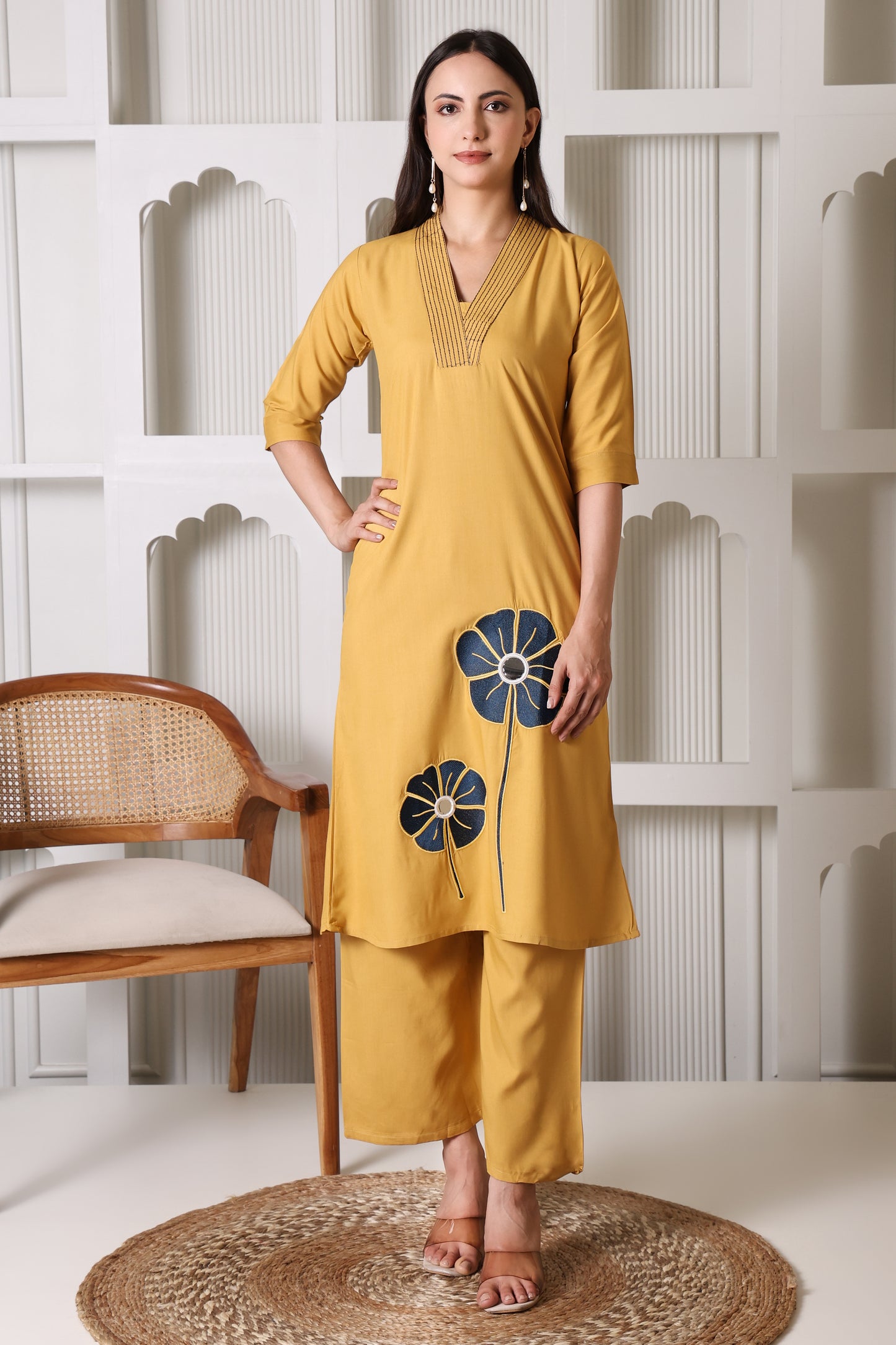 Mustard Yellow Floral Appliqué Kurta Palazzo Set for Women