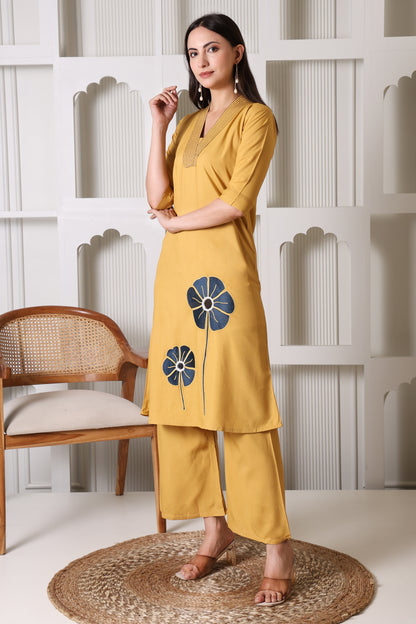 Mustard Yellow Floral Appliqué Kurta Palazzo Set for Women