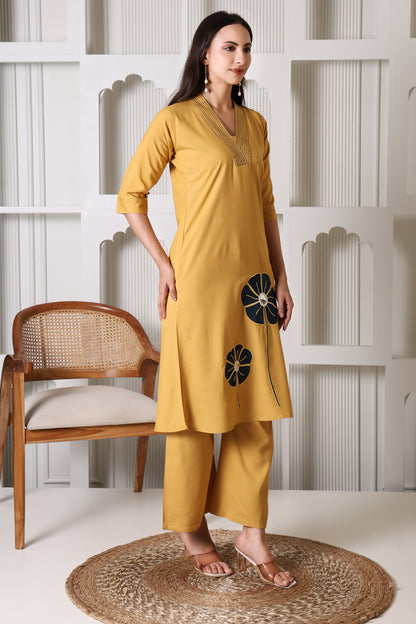 Mustard Yellow Floral Appliqué Kurta Palazzo Set for Women