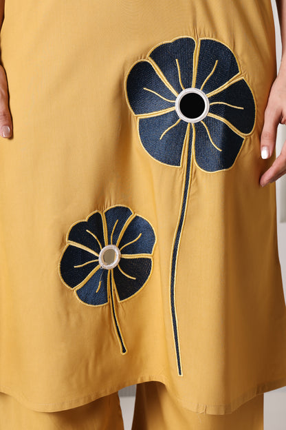 Mustard Yellow Floral Appliqué Kurta Palazzo Set for Women