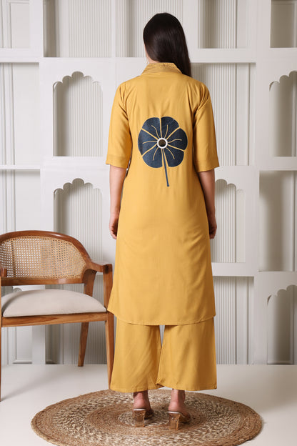 Mustard Yellow Floral Appliqué Kurta Palazzo Set for Women
