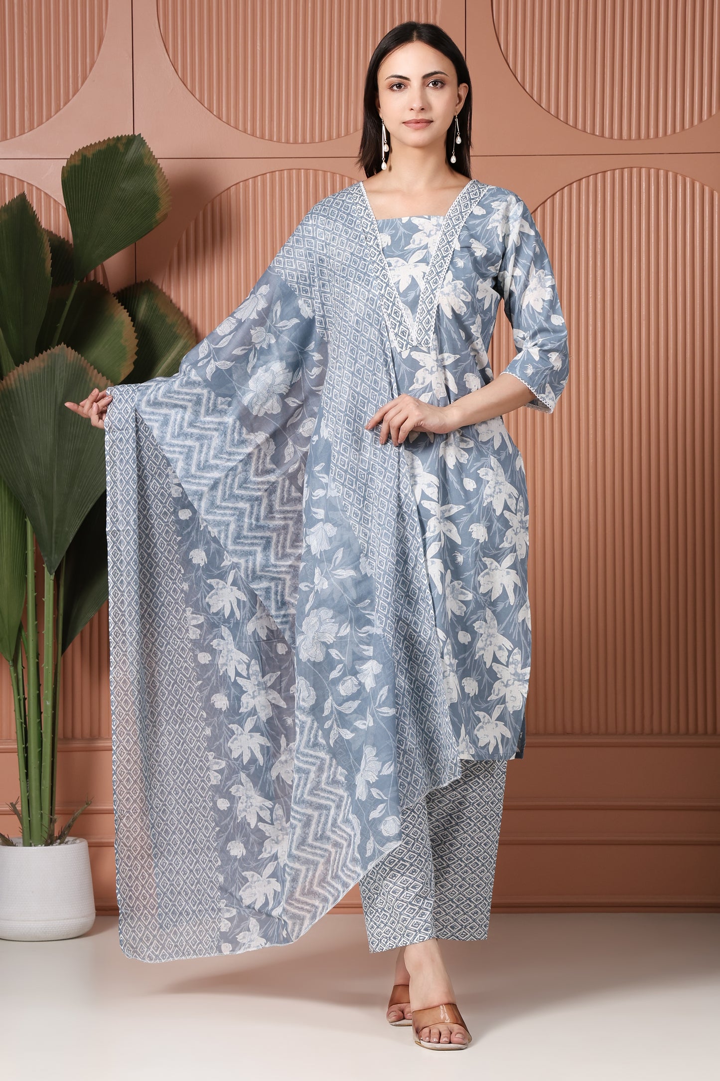 Sky Blue Floral Printed Kurta Pant Set with Dupatta for Women