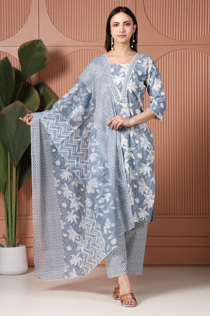 Sky Blue Floral Printed Kurta Pant Set with Dupatta for Women