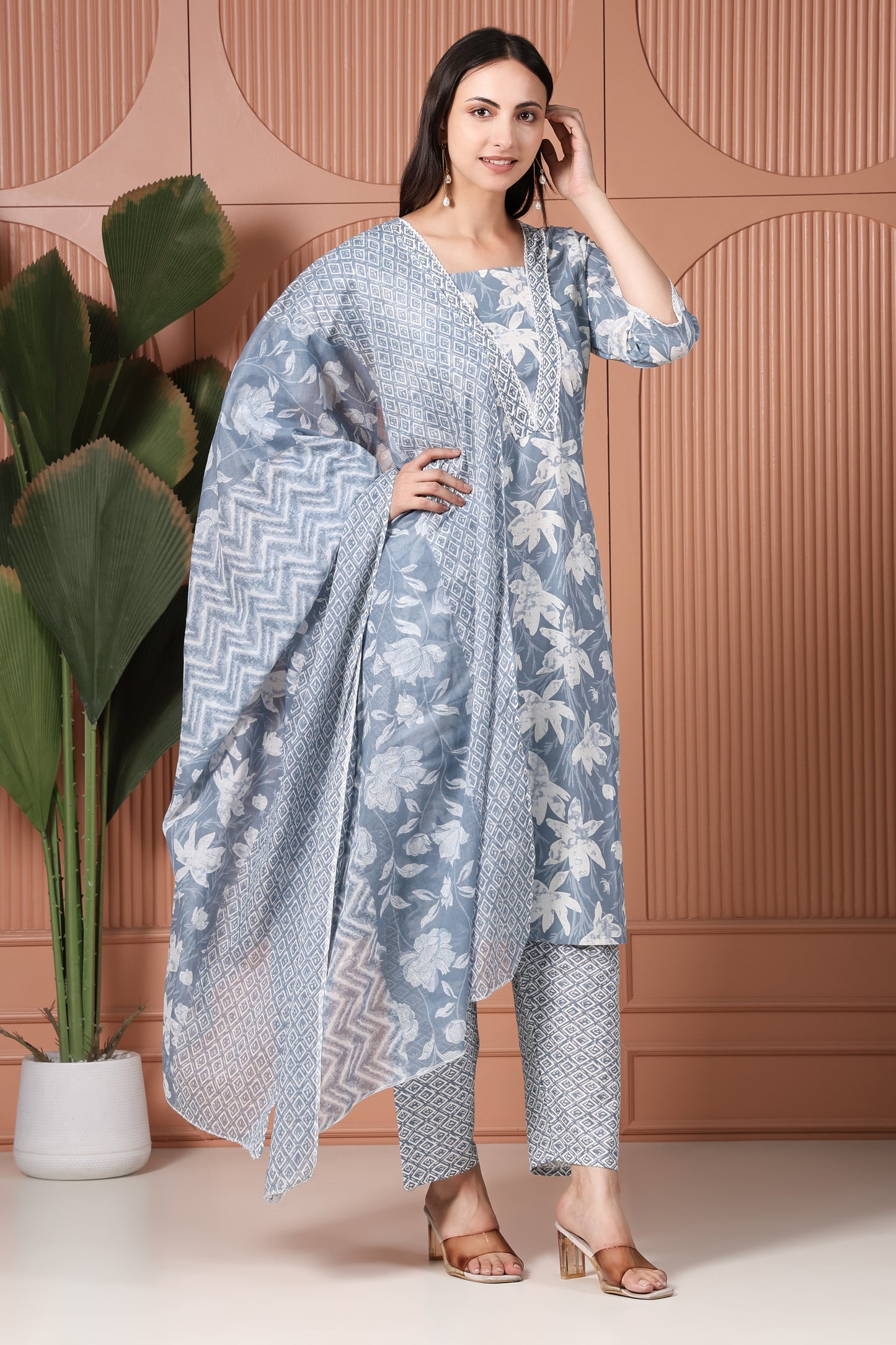 Sky Blue Floral Printed Kurta Pant Set with Dupatta for Women