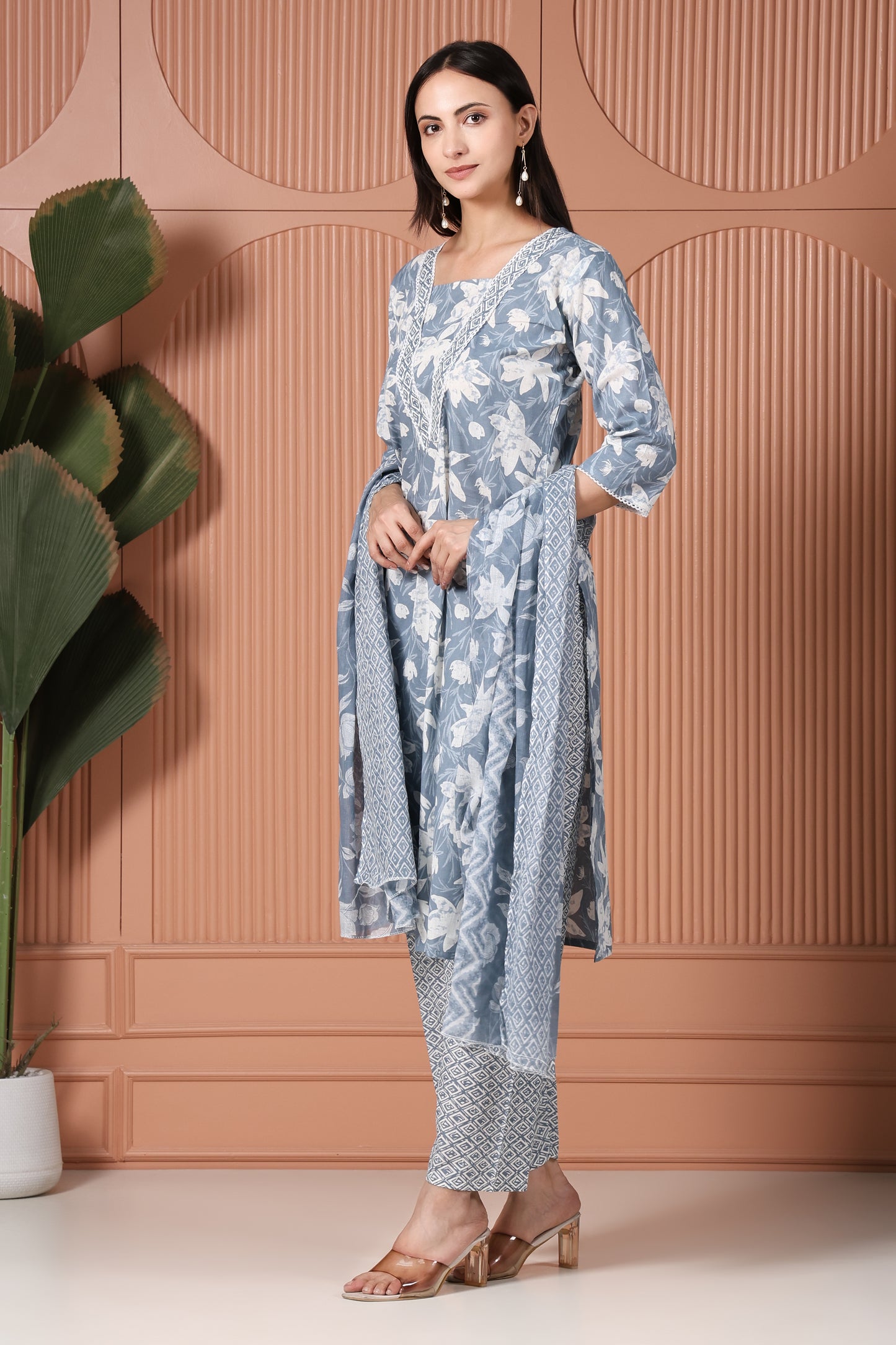 Sky Blue Floral Printed Kurta Pant Set with Dupatta for Women