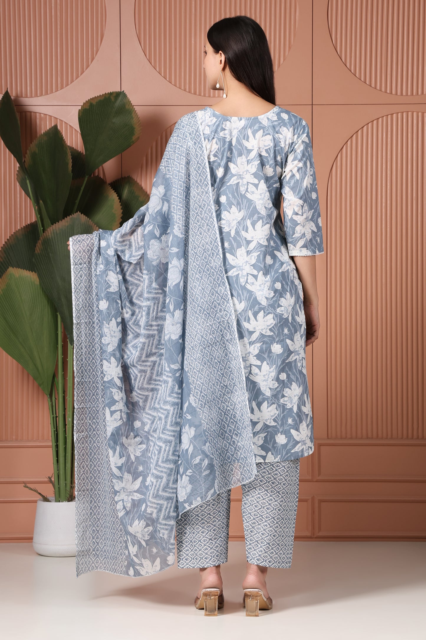 Sky Blue Floral Printed Kurta Pant Set with Dupatta for Women
