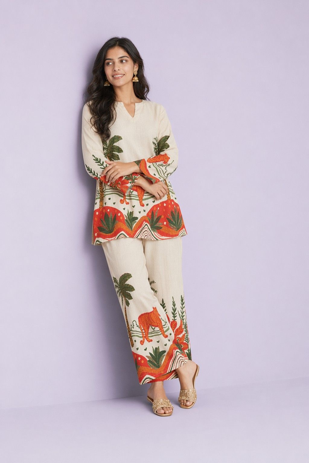 LoomBella Lifestyle Women's Cotton Floral Printed Straight Short Kurti with Pant Set
