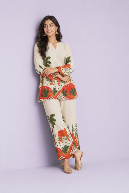 LoomBella Lifestyle Women's Cotton Floral Printed Straight Short Kurti with Pant Set