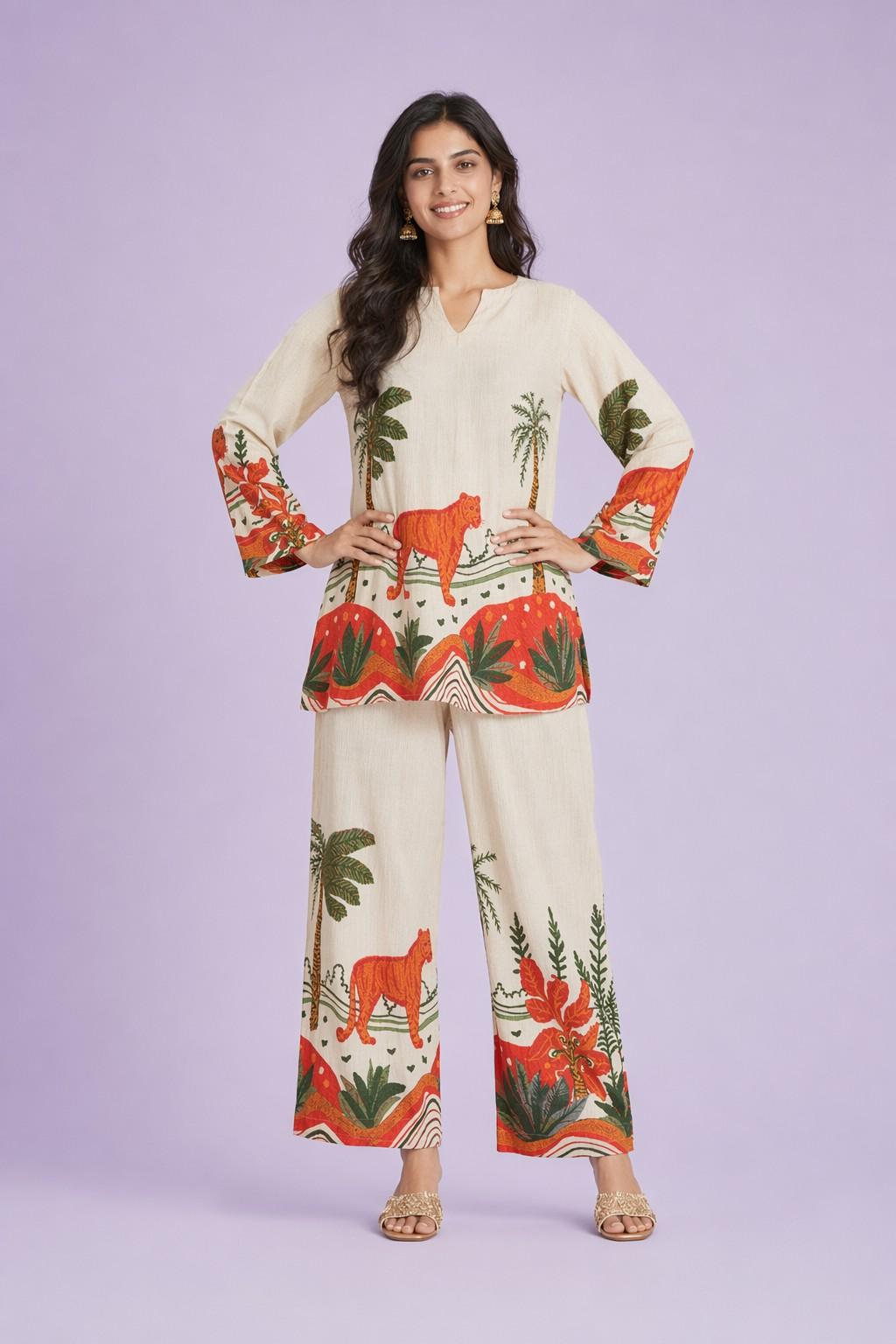LoomBella Lifestyle Women's Cotton Floral Printed Straight Short Kurti with Pant Set