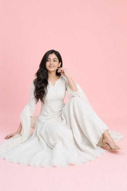 Fab Craft Studio Women's Cotton Chikankari Long Anarkali Kurti With Dupatta (White)