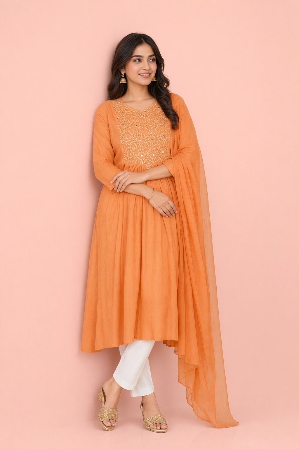 Fab Craft Studio Women's Cotton Embroidered Anarkali Kurti With Pant and Dupatta Set