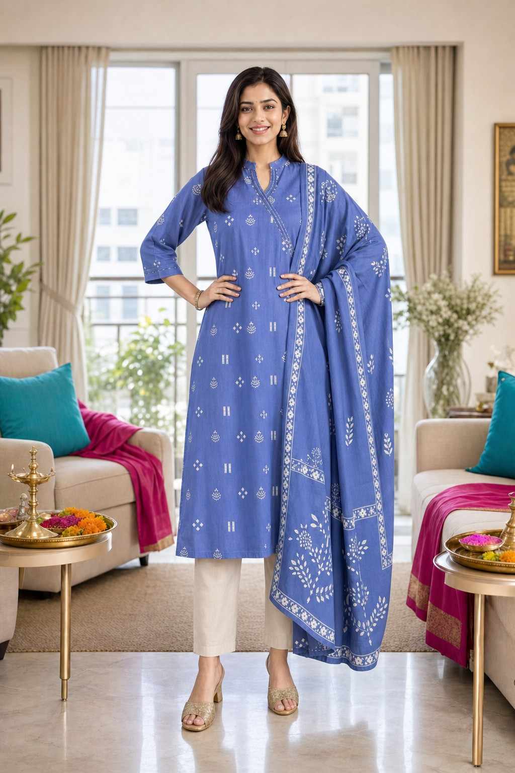 Women's Cotton Embroidered Anarkali Kurti with Pant and Dupatta Set