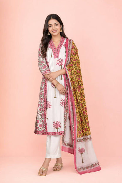 Fab Craft Studio Women's Cotton Printed Straight Kurti With Pant and Dupatta Set