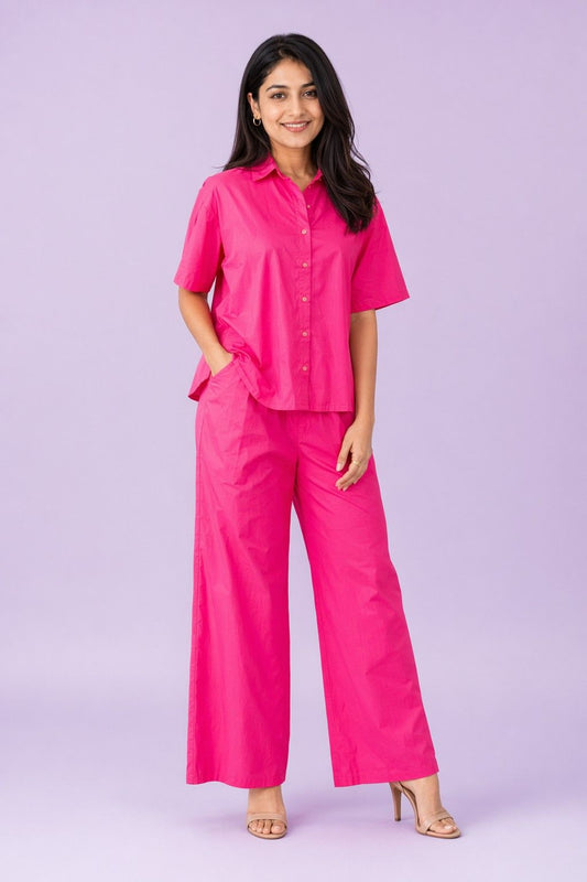 LoomBella Lifestyle Women's Cotton Plain Straight Short Kurti with Pant Set