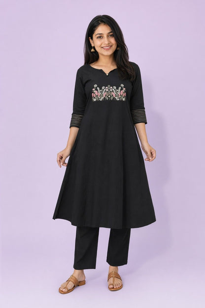 LoomBella LifestyleWomen's Cotton Embroidered Straight Kurti with Pant Set