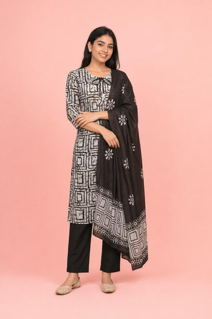 Fab Craft Studio Women's Cotton Hand Block Printed Straight Kurti with Pant and Printed Dupatta