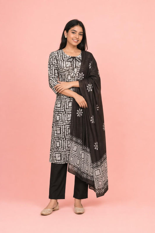 Fab Craft Studio Women's Cotton Hand Block Printed Straight Kurti with Pant and Printed Dupatta